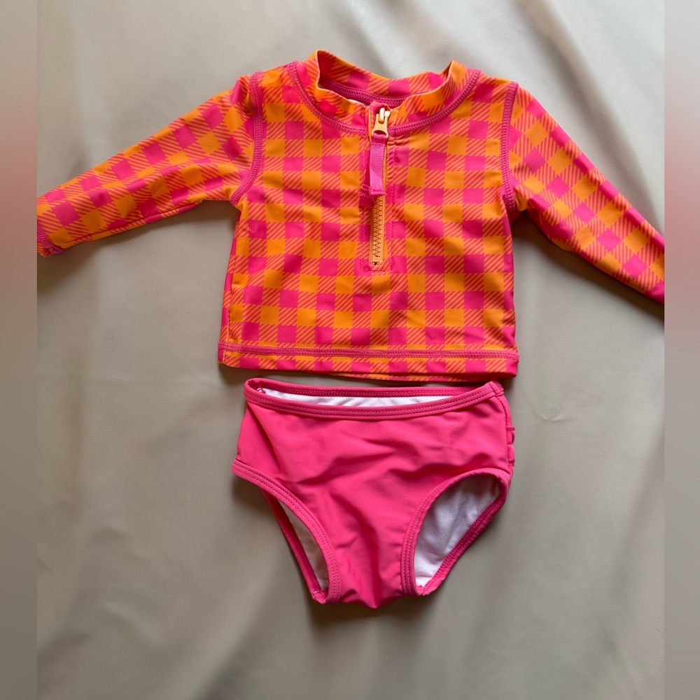 Ruffle Butts Pink and Orange Plaid Kids Swim Rashguard